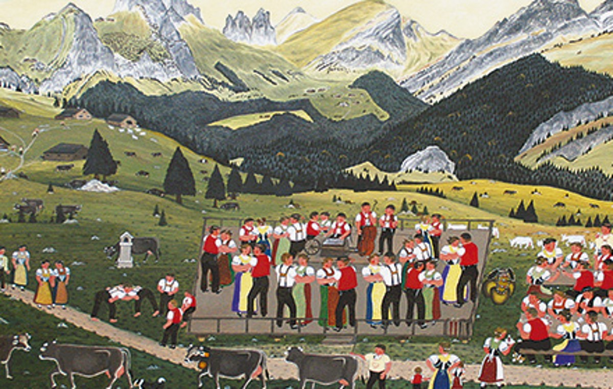 Josef Manser «Mölpi»
(1911–2005), Ankunft
auf der Mockenweid
(Hermes), Blick gegen
den Alpstein / Arrival at
Mockenweid (Hermes),
view of the Alpstein,
Öl auf Hartplatte / oil on
hardboard, 44 × 58,5 cm,
1980, Privatbesitz, Appenzell,
private collection in
Appenzell