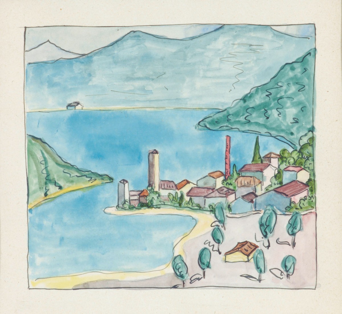 Hermann Hesse, Blick auf Lavena am Luganer See, ca. 1925, Aquarell und Tusche, 25,8 x 17,7 cm, Sammlung Würth, Inv. 8173